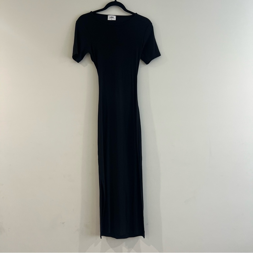LNA Black Ribbed Side Slit Back Cut Out Short Sleeve Maxi Dress Women’s Size S